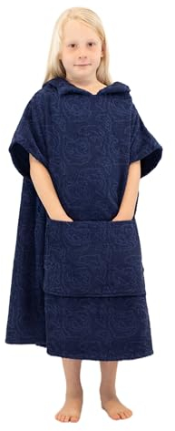 ALLEN & MATE 100% BAUMWOLLE Kinder-Strandtuch-Poncho – schnelltrocknender Bademantel zum Umziehen mit Kapuze und Tasche für Jungen und Mädchen (6–9 Jahre, Marineblauer Delphin)