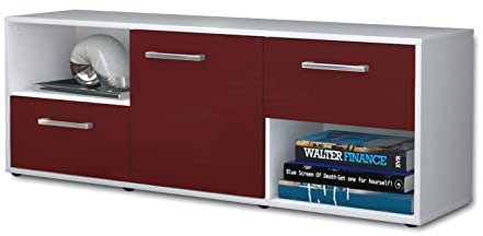 Lqliving TV-Board Lowboard Ambra, Korpus in weiß matt, Front im trendigem Rot, Bordeaux (136x49x35cm), mit Metall Griffen, Made in Germany