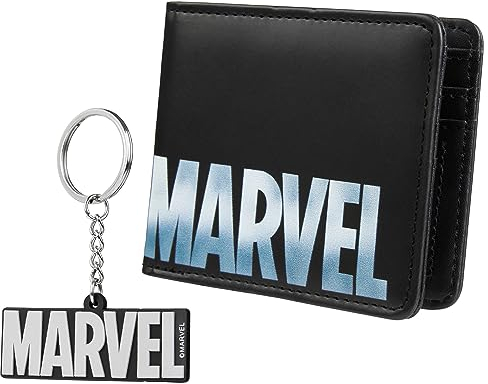 Marvel Geldbeutel mit Schlüsselanhänger - Portmonee Herren mit Kartenfächern und klarem ID-Fach (Schwarz Marvel)