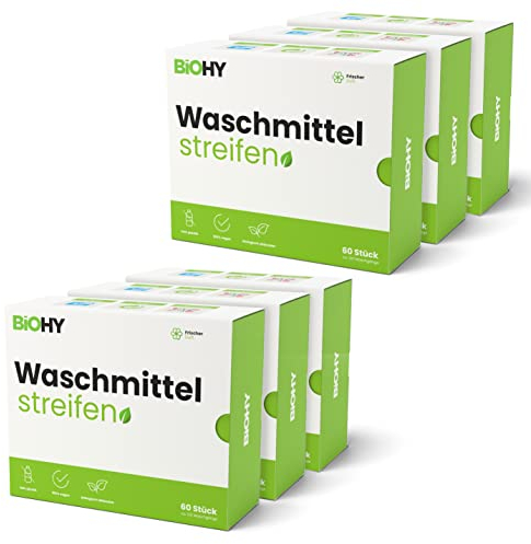 BiOHY Fogli di detersivo (Set di 6) | Detergente da viaggio UNIVERSALE sostenibile senza plastica | Carta da bucato biodegradabile | Strisce detergenti idrosolubili per lavatrice (Wasch Blätter)