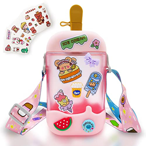 Kawaii Water Bottle Cute Ice Cream Water Bottles with Straw, Kawaii Popsicle Water Bottle with Adjustable Shoulder Strap and Stickers, Popsicle Cup for School Girls and Boys, BPA-Free, 14 oz (Pink)