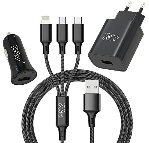 myway Pack Chargeur de voiture USB+Chargeur de maison USB+Câble 3 en 1 Micro USB, Type C et Lightning Noir