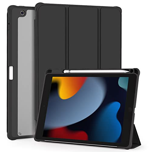 OKP for iPad 9th/ 8th/ 7th Generation Case (2021/2020/2019), iPad 10.2 inch Cases with Trifold Stand, Slim ipad 9/8/7 th gen Cover with Pencil Holder for Kids Women Men, Clear PC Back Shell, Black