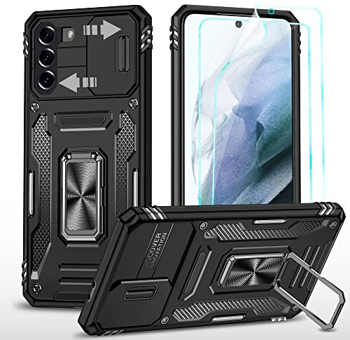 YmhxcY Hülle Für Samsung Galaxy S21 5G 6,2 Zoll Und Displayschutzfolie X2 ，Mit [Upgrade] Slide Camera Cover, Militär Grade Schutzhülle, 360° Drehen Metallständer Magnetic Hülle-Schwarz