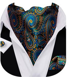 Barry.Wang Herren-Krawatten-Set mit Paisley-Muster, einfarbig, Seide, Ascot Krawatte und Einstecktuch, Manschettenknöpfe, Party, klassisch, Blumenmuster, Hochzeit, Business, Grün-Gold, Einheitsgröße