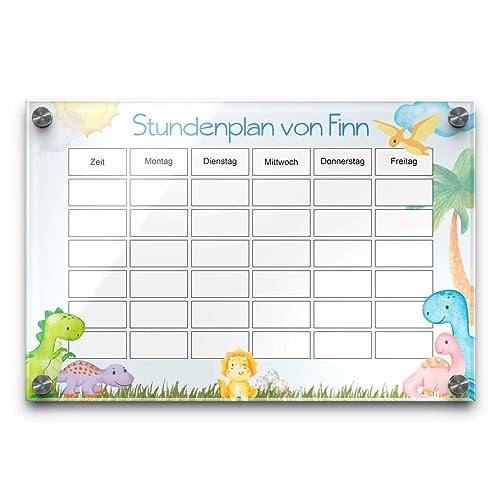Schulkinder Stundenplan mit Dino Motiv aus Acrylglas - Wochenplaner für den Schulstart zum Aufhängen - Abwischbar & Personalisierbar - Einschulungsgeschenk für Jungen