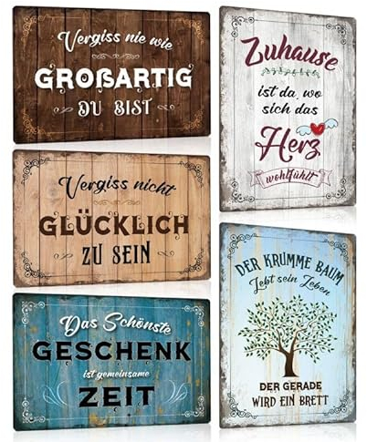 5er Blechschilder Set Retro Sprüche - ZUHAUSE FAMILIE GLÜCK FREUNDE LEBEN - Vintage Metall-schilder mit Sprüchen - Wanddeko Geschenk für Garten Einzug Richtfest Einzugsgeschenke Haus - DIN A4 (SET B)