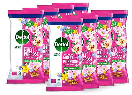 Dettol Flower Power Antibacterial Multipurpose Biodegradable Cleaning Wipes | Peony & Rose Fragrance | Limited Edition | 50s (Pack of 8)