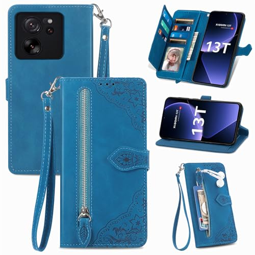 MOJIA Geldbörse Hülle für Xiaomi Mi 13T / 13T Pro, Sanft PU Klapphülle Handyhülle, Stoßfest Schutzhülle mit Handschlaufe Kartenfach und Standfunktion. Blau