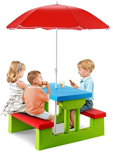 KOMFOTTEU Conjunto de Asientos Infantiles con Sombrilla (Verde+Rojo+Azul) | Juego de Picnic para Niños con 1 Mesa y 2 Bancos, Muebles para Jardín, Parque y Terraza