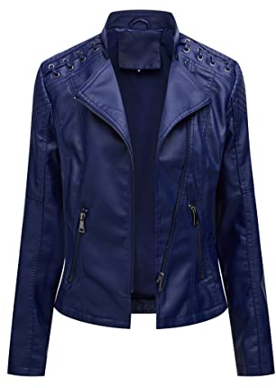 DISSA Damen Dunkelblau Kunstleder Motorrad Jacke Lederjacke Schlank Reißverschluss Stehkragen Kurz Mantel,42,P6638