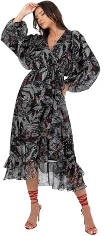 Lovedrobe Women's Midaxi Dress Ladies Long Balloon Sleeve V-Neck Faux Wrap Ruffle Frilly for Wedding Guest Party Occasion Casual, Black, 24