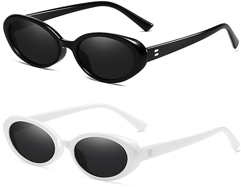 Breaksun Retro Oval Sonnenbrille für Damen Herren Mode Kleine Ovale Sonnenbrille 90er Vintage Shades, 2er-Pack (Schwarz/Grau+Weiß/Grau), MM
