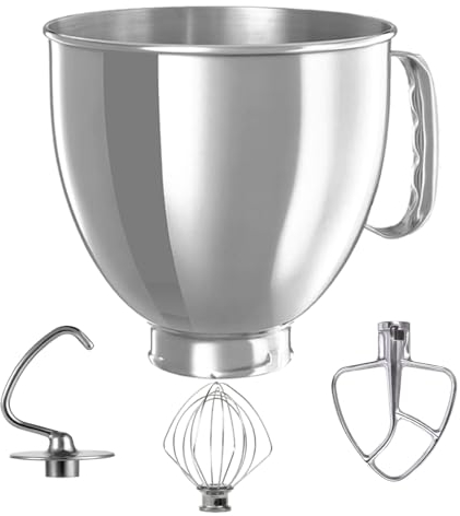 5 QT Stainless Steel Mixer Bowl and K45B Beater+K45WW Wire Whip+K45DH Dough Hook, Compatible with KITCHENAID TILT-HEAD STAND MIXERS 4.5-Quart (4.3 L) And 5-Quart (4.7 L)