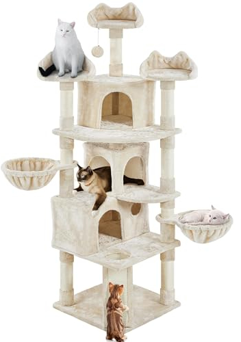 Yaheetech Árbol Rascador para Gatos Torre Escalador para 1-3 Gatos Medianos Rascador Postes con Plataforma 55,5x55,5x194 cm Beige