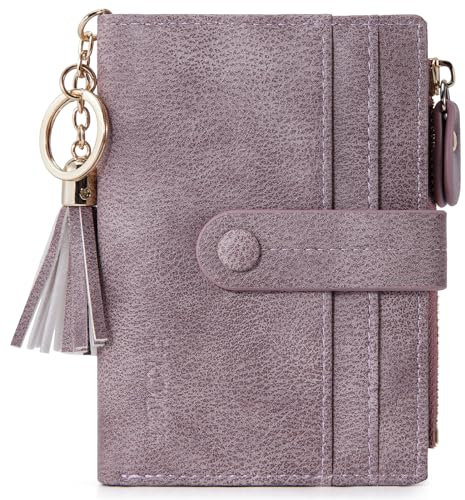 HKCLUF Geldbörse Damen Kleine, Geldbeutel Frauen Leder, RFID Portemonnaie Brieftasche Münzfach mit Quaste Damengeldbörsen Reißverschluss Viele Fächer Nebliges Nopale-Pulver