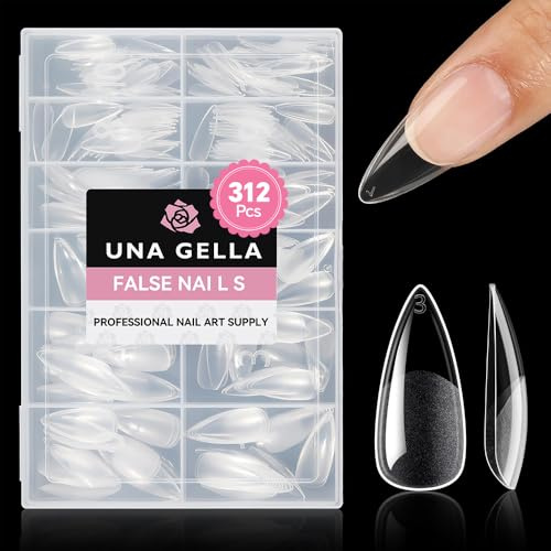 UNA GELLA Stiletto Medium Nageltips, 312 Stück Soft Gel Tips | Full Cover Pre-buff Press-On, Almond Gel Tips, Kein Feilen nötig, Ideal für DIY & Studio 12 Größen