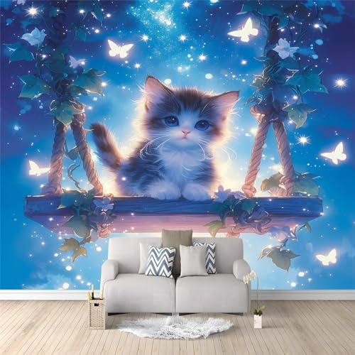 Papier Peint Panoramique Chat papillon ciel étoilé, 350 x 256 cm Papier Peint Intissé Personnalisé Photo Murale pour Salon Chambre d'enfants restaurant Appartement Décoration Murale