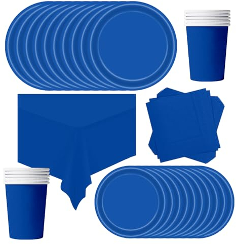 POPOYU Juego de 69 piezas de vajilla de papel para fiesta de color azul real, decoración del 80 aniversario, platos de papel azul, mantel, tazas y servilletas para cumpleaños, suministros de fiesta