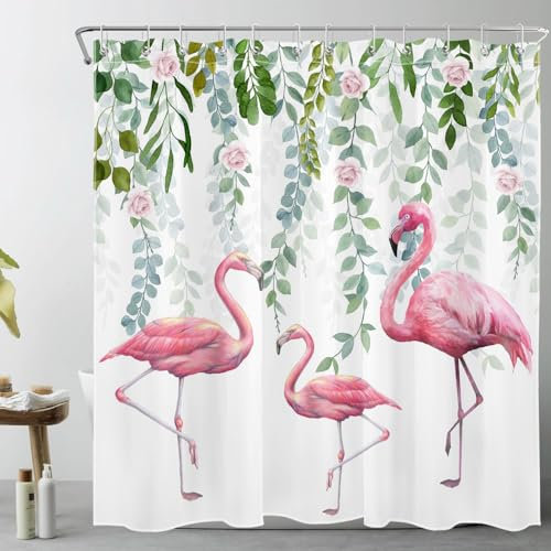 LB Green Leaf Shower Curtain Tropical Flamingo Shower Curtains for Bathroom Pink Rose Flower Polyester Anti Mould Waterproof Extra Wide Bath Curtain Set with Hooks,69Lx94W inches