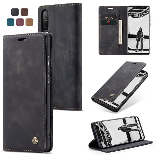 owlhold Handyhülle für Huawei P30 Hülle Premium Lederhülle Weiches Vintage-Nubukleder Faltbare Ständer Schutzhülle Kartenfach Standfunktion stoßfest klapphülle Huawei P30 -Schwarz