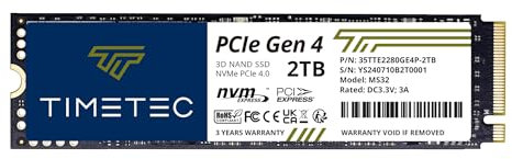 Timetec 2TB PCIe 4.0 SSD NVMe PCIe Gen4x4 M.2 2280 3D NAND TLC 1000TBW SLC Cache Read/Write Speed Up to 5,000/4,500 MB/s Internal Solid State Drive Compatible for PS5, PC Laptop and Desktop