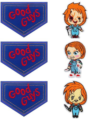 6 PCS Good Guys Patches for Chucky Costume Adult Women Adult Men Chucky Shirt Sweater Halloween Patches Good Guys Overalls Chucky Tattoos Temporary Halloween Tattoos - Iron On