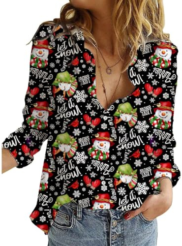 Hawaiian Button Down Shirts for Women V Neck Funny Halloween Thankgiving Christmas Graphic Long Sleeve Tops Fall Blouse, Xmas Snowman, M