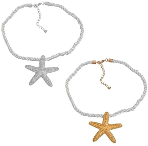 EOWVISN 2 Pieces Starfish Necklace, Ocean Element Necklace, Pendant Necklace, Beach Party Necklace, Fashion Braided Rope Necklace, Clothing Accessories