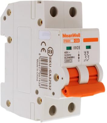 MeanWell Interruttore Magnetotermico Curva C 10000A, MCB 2P C32 32A 220V, 2 Poli Occupa 2 Moduli Barra DIN