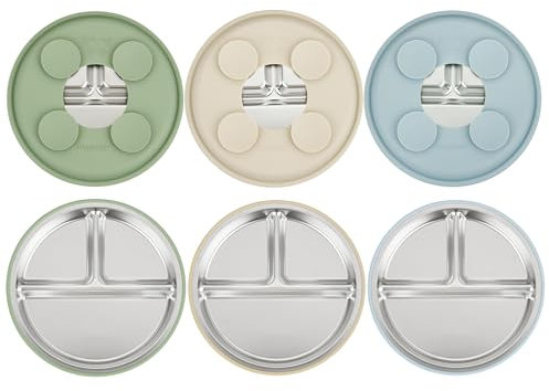 PandaEar Paquete de 3 Platos de Acero Inoxidable para Bebé, Plato Dividido para Niños Pequeños para el Método de Alimentación Autónoma, Set de Alimentación para Bebé Antideslizante, Apto para Lavavaji