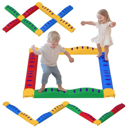 AIYAPLAY Kinder Balancierbalken, 12 Stück Stepping Stones mit Anti-Rutsch-Fuß-Pads, Kinder Sensorik Spielzeug, Indoor Outdoor Hindernisbahn für 3-8 Jahre