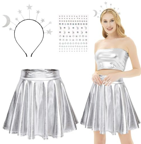 Stern Kostüm, Metallischer Faltenrock Glitzer Rock Silber, Haarreif Sterne Mond, Glitzersteine Gesicht Silber, Alien Kostüm Space Weltraum für Damen Karneval Halloween Mottoparty Cosplay Kostüm