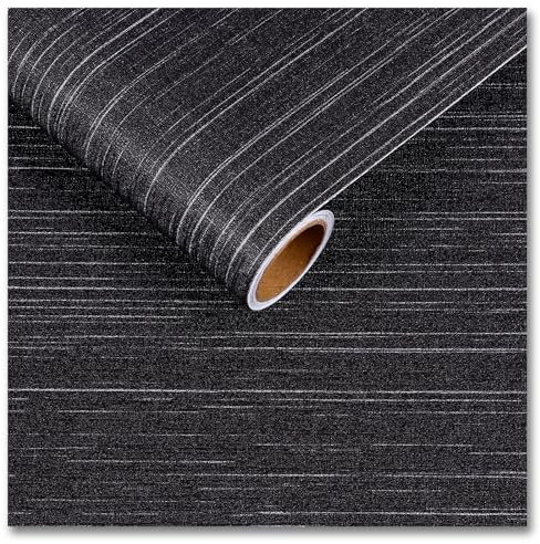 CRE8TIVE Papier Peint Adhesif Mural Noir Vinyle Adhesif Texturé en Toile Papier Peint Chambre 30cm x 200cm Papier Peint en Texture de Lin Noir Blanc Papier Adhesif pour Meuble Cuisine Salle de Bain