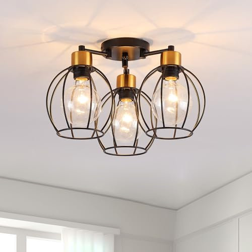 OURLOVEII Vintage Deckenlampe 3 Flammig Deckenleuchte Wohnzimmer Rund Schwarz Gold Decke Küchenlampe, E27 Industrial Deckenstrahler Metall Käfig für Schlafzimmer Esszimmer Flur, Φ 38 cm