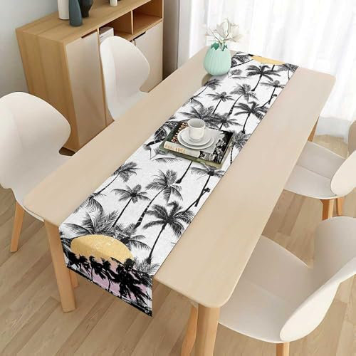 FANSU Chemin de Table Moderne, Decoration Table Lavable Extra Long, Chemin de Table Automne Imprimé Palmier, Deco Table Noel pour Intérieur Extérieur,Vacances,Fête,Salon (Gris,33x160cm)