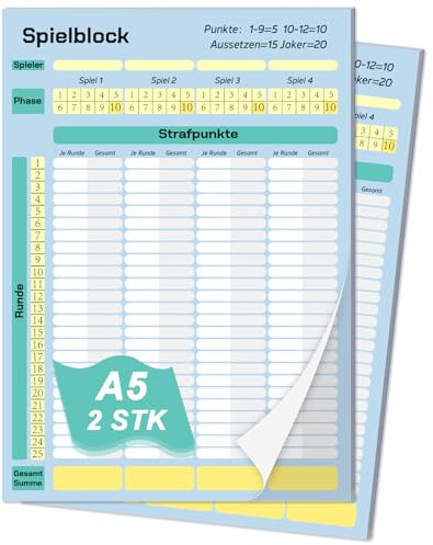 WANGDEFA 2 Stück Phase 10 Kartenspiel Block Wertungsblatt Block Übersichtliches Design der Phasen A5 Format Wertungsblock 14.8 * 21cm Für Kinder geeignet Familienspie (A5(14.8x21cm))