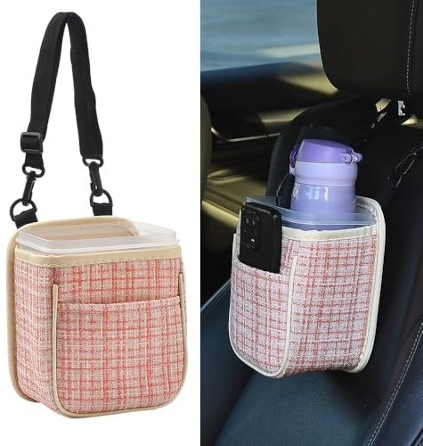 JSCARLIFE Car Seat Back Hanging Bag,PU Leather Car Back Seat Organizer Hanging Car Trash Can Cotton and linen fabric Car Storage Box Travel Tidy Pouch Pocket for Most Vehicles (Pink-Small)