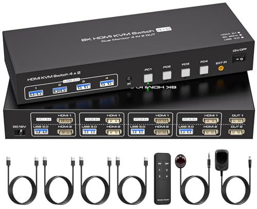 VPFET 8K60Hz HDMI 2.1 KVM Switch 4 PC 2 Monitores 4K144Hz USB 3.0 KVM Switches para 4 Ordenadores 2 monitores y 1 juego de Impresoras de Teclado y Ratón Admite Replicación y Ampliación