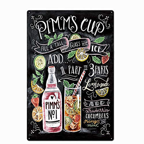 Bctxxa Vintage Design Pimm's Cup Cocktail Recipe Tin Metal Signs Wall Art, Thick Tinplate Print Poster Wall Decoration Bar/KitchenTin Sign 8X12 Inches