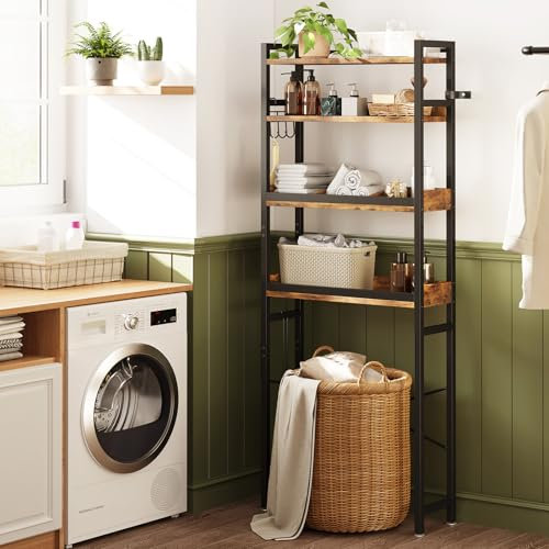 Dripex Bathroom Storage Shelf, 4-Tier Over The Toilet/Washing Machine Storage Unit, Adjustable Shelves, Freestanding Bathroom Laundries Shelves with Toilet Paper Holder, Hooks W67xD24xH173cm