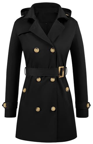 Tuopuda Damen Trenchcoat Jacke Wasserabweisender Langer Mantel Winddichter Wintermantel Windjacke Übergangsmantel Revers Damenmantel mit Abnehmbare Kapuze(Schwarz,XXL)