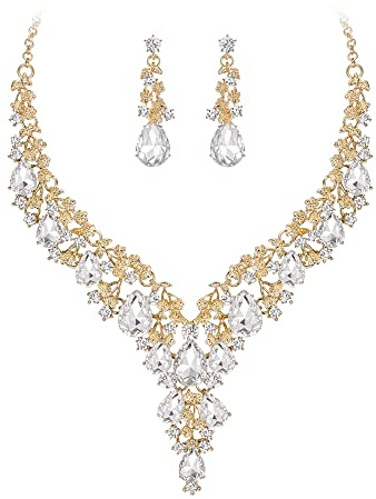 Clearine Wedding Bridal Jewellery Set Teardrop Rhinestone Cluster Statement Necklace Costume Dangle Earrings for Women Clear Gold-Tone