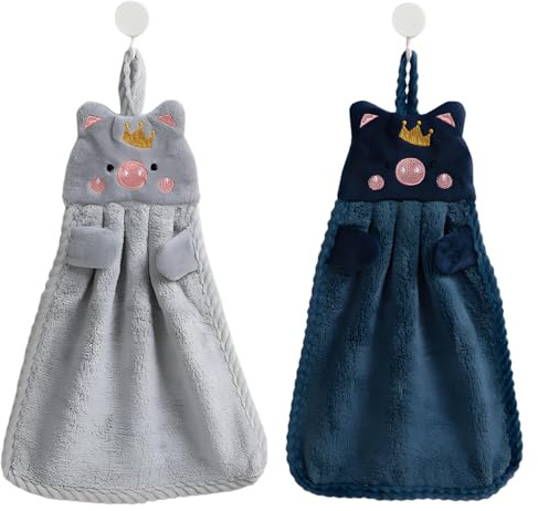 Topershow 2er-Pack süße Handtücher für Badezimmer und Küche, saugfähiges Handtuch aus Korallenvlies mit Aufhängeschlaufe zum schnellen Trocknen (Grey+Blue)