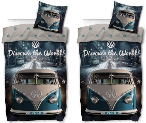 rainbowFUN.de VW Bulli Partner-Bettwäsche-Set für 2 Personen Doppelbett Bus T1 135x200 80x80 Baumwolle