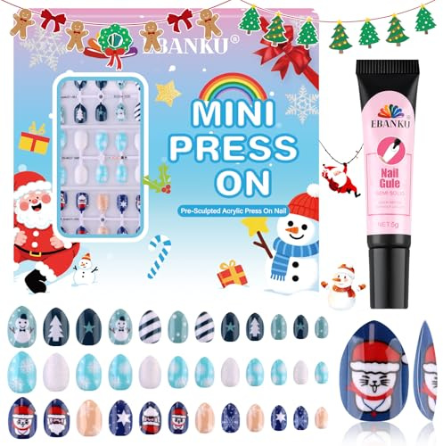 72 pièces d’ongles à presser de Noël pour enfant, EBANKU Lot de 3 faux ongles pour enfants Motif bonhomme de neige et flocon de neige pour filles de 8 à 12 ans avec adhésifs à ongles en gel et colle à