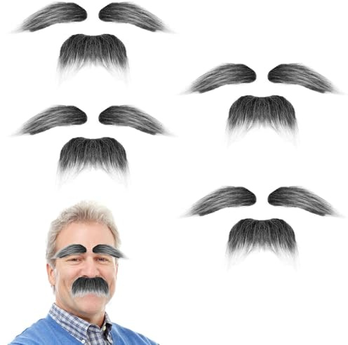 Prasacco 4 Stück Fake Bart Augenbrauen Set, Grau Schnurrbart Zum Ankleben Falscher Schnurrbart Lustige Bärte Kostümzubehör Augenbrauen für Erwachsene Cosplay Halloween Weihnachten Party Zubehör