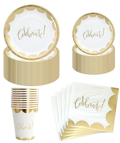 Senshuomy Party Tableware Set, Disposable Paper Plates (9’’ & 7’’), Cups, Napkins for Birthday Wedding Baby Shower Events BBQ,Sparkling Table Decor,for Girl,Women (Gold-50 PCS)