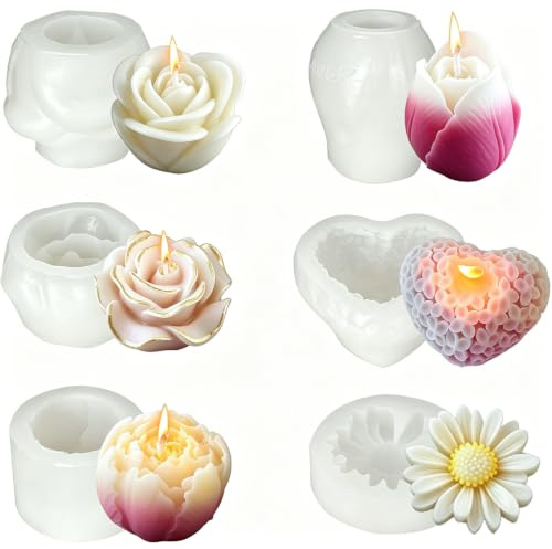 6 Stück 3D Blumen Silikon Form für Kerzen und Seifen DIY Handgefertigt | Hergestellt aus hochwertigem, geruchsfreiem Silikon für Kerzen, Seifenherstellung und Backwaren