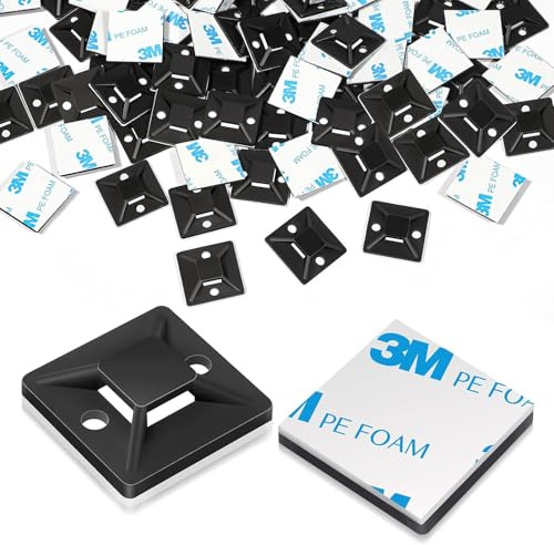 100 Pcs Cable Tie Mount 18 x 18mm, Black Self Adhesive Wire Tie Base Holders, Sticky Zip Tie Pads Clips for Home Office Cables Management